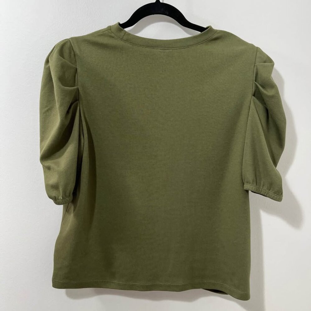 Statement Sleeve Elevated Boho Twist Neutral Casual Olive Green Top [size L] - Picture 7 of 8
